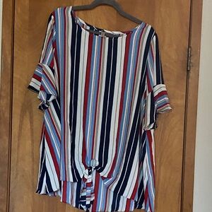 Emerald Red, Blue & White Vertical-Stripe Tie-Front Blouse